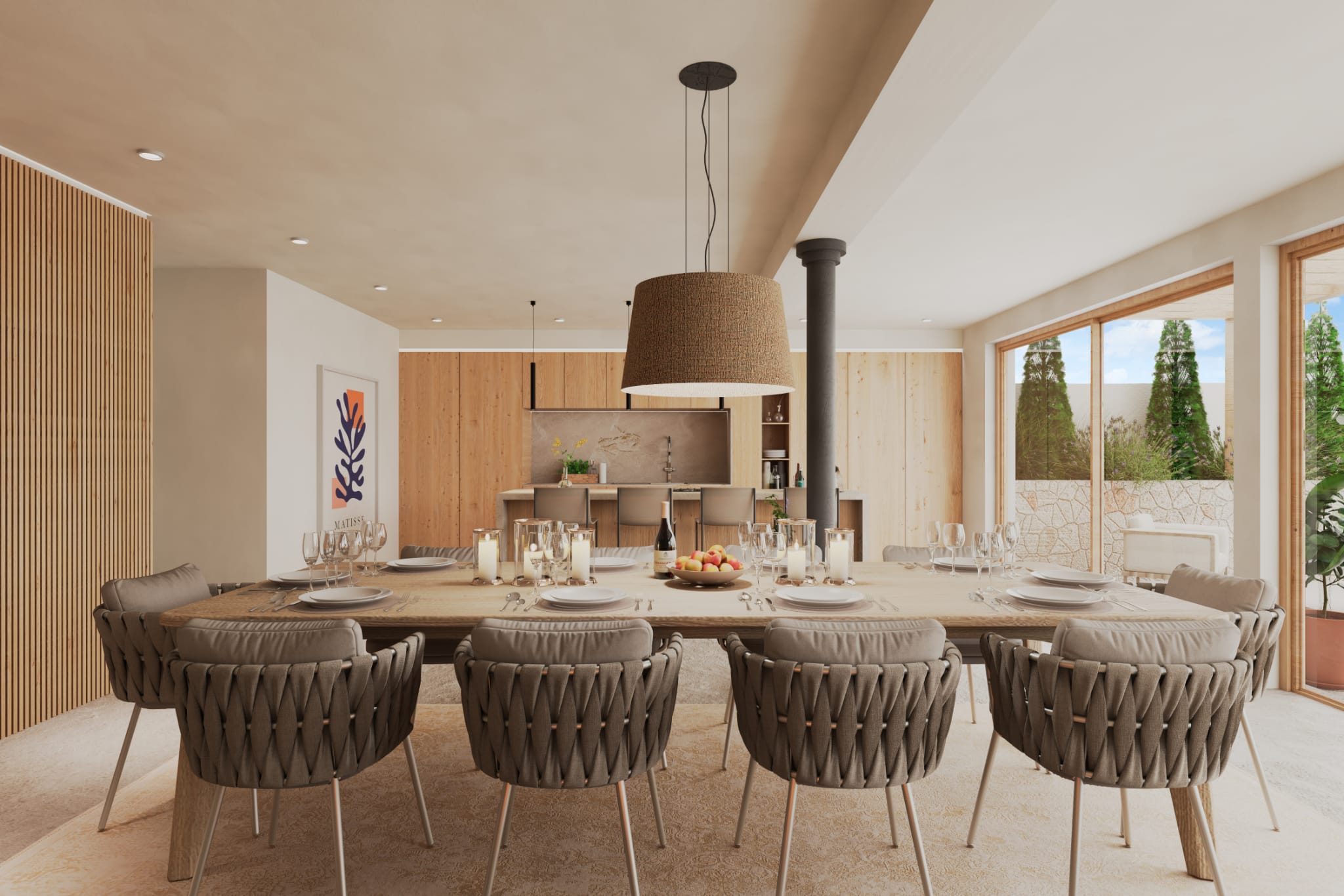 OBRA NUEVA Comedor de concepto abierto con grandes ventanales en la casa unifamiliar SLN29.